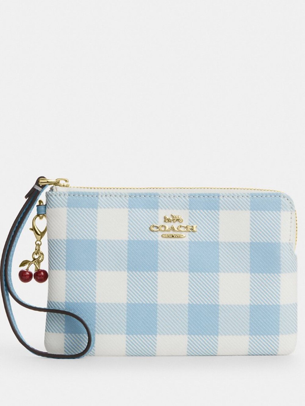 Coach Corner Zip Wristlet With Gingham Print And Charm